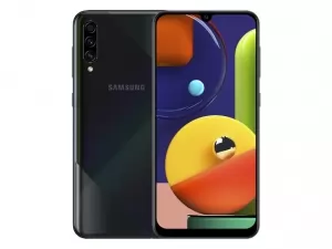 The Samsung Galaxy A50s smartphone in Prism Crush Black color.