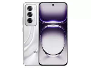 The OPPO Reno12 5G smartphone in Astro Silver color.