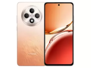 The OPPO Reno12 F 5G smartphone in Amber Orange color.