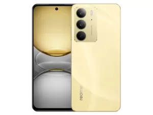 The realme C75 smartphone in gold color.