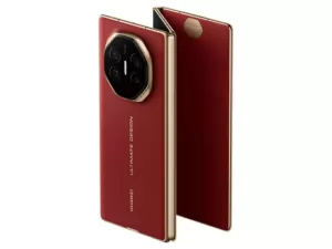 The HUAWEI Mate XT Ultimate Design trifold smartphone in red.